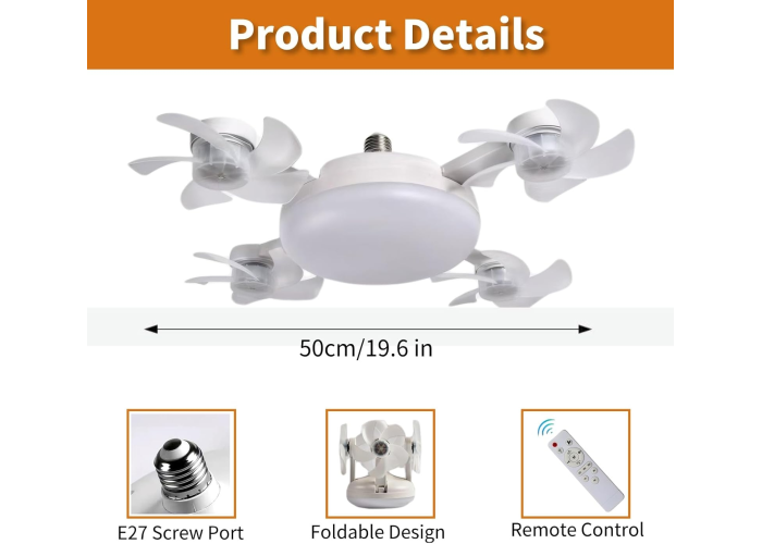 Вентилятор-лампа Drone Fan Light AT-4FD, E27, пульт, 3 режима света, 4 вентилятора