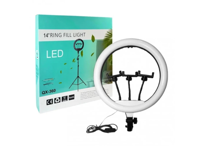 Кольцевая лампа QX-360, 14" (36 см), LED, 3 режима света, USB, крепление для штатива и телефона