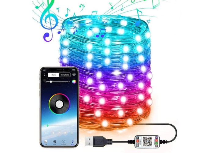 Led гирлянда c bluetooth и управлением с смартфона +10м/100Led на медной проволоке Капля росы 7953