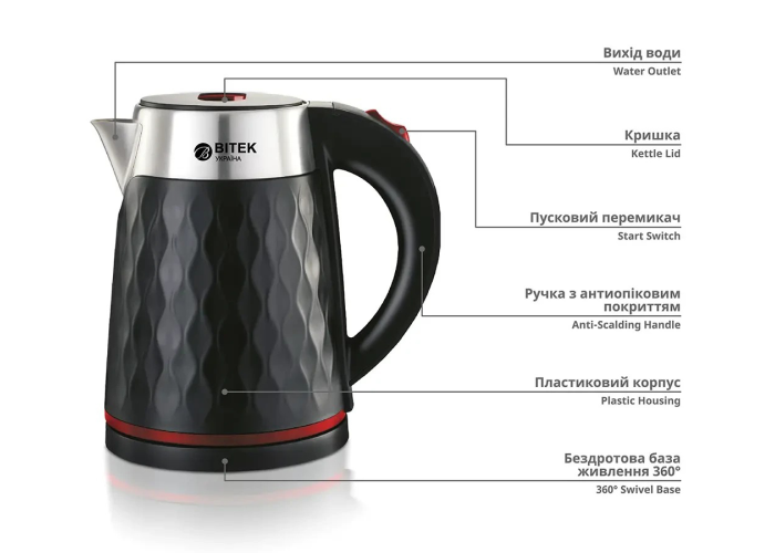 Электрический чайник BITEK BT-7931, 2,0 л, 2000 Вт
