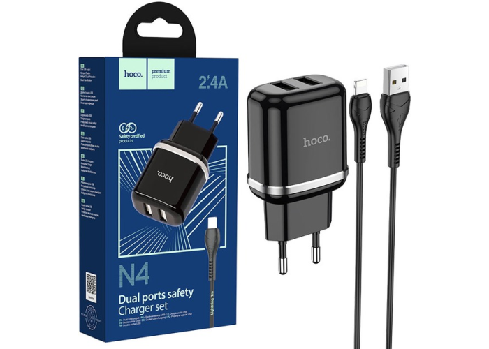 Сетевое зарядное устройство Hoco N4, 2 порта USB, 2.4A, с кабелем Lightning