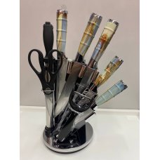 Набор кухонных ножей на 9 предметов STAINLESS STEEL с ножницами, точилкой и овощечисткой на пластиковой подставке