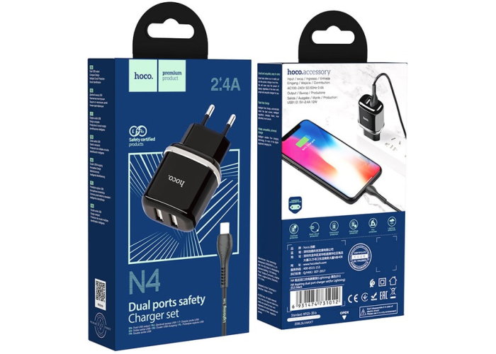 Сетевое зарядное устройство Hoco N4, 2 порта USB, 2.4A, с кабелем Lightning