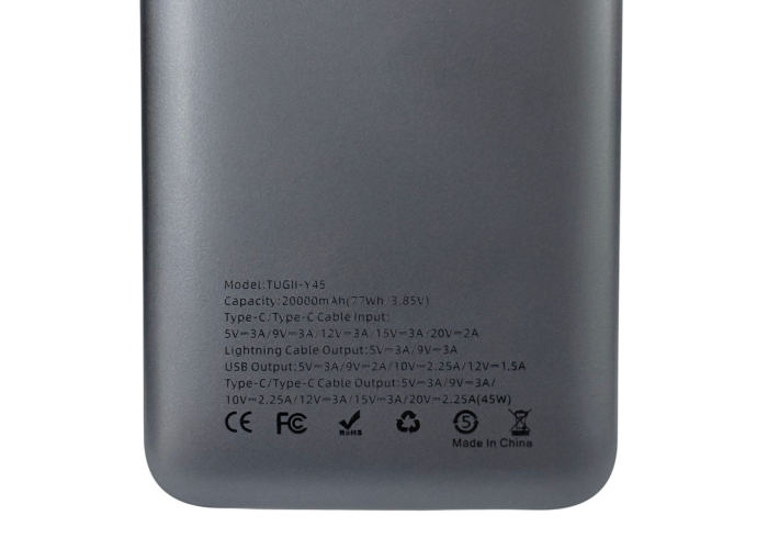 Внешний аккумулятор TUGII Y45 20000 мА·ч, PD 45 Вт, QC 22,5 Вт, встроенные кабели Type-C и Lightning для ноутбуков и телефонов
