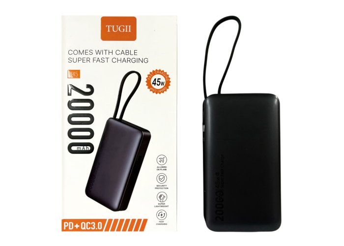 Внешний аккумулятор TUGII Y45 20000 мА·ч, PD 45 Вт, QC 22,5 Вт, встроенные кабели Type-C и Lightning для ноутбуков и телефонов
