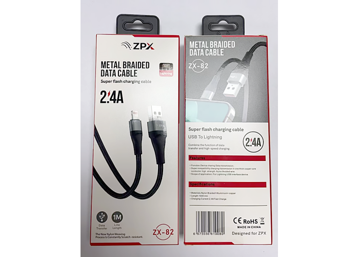 Кабель в обплетке ZPX ZX-82 USB – Lightning с поддержкой быстрой зарядки 2.4A