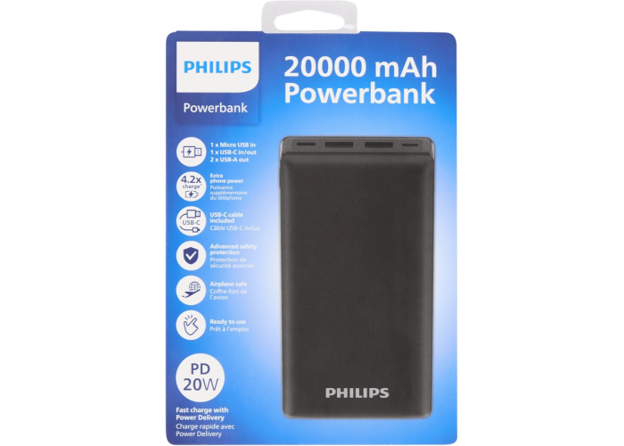Повербанк Philips, 20000 мА·ч, PD 20 W, USB-A, USB-C, micro USB