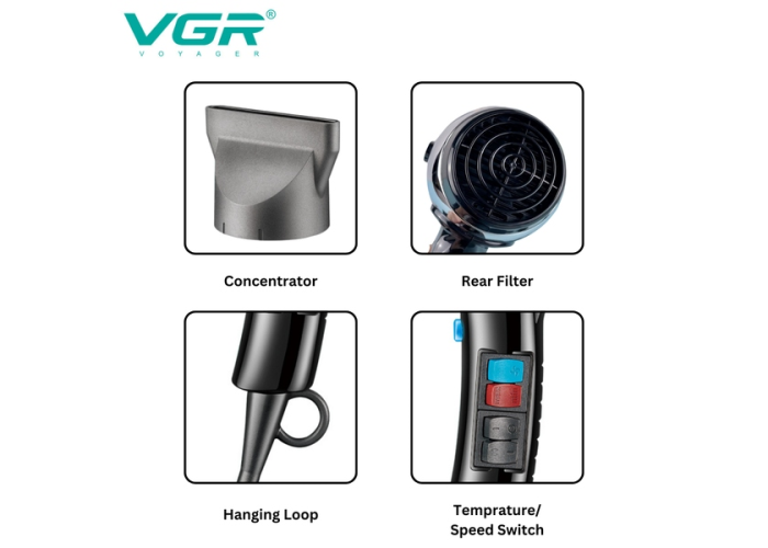 Профессиональный фен VGR V-465, AC-мотор, до 2400 Вт, холодный воздух, концентратор