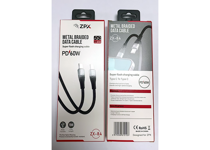 Кабель в оплётке ZPX ZX-84 Type-C – Type-C с поддержкой быстрой зарядки PD 60W
