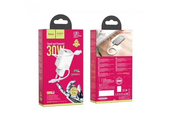 Сетевое зарядное устройство Hoco N13 Bright 30W PD + QC3.0, Type-C to Lightning,