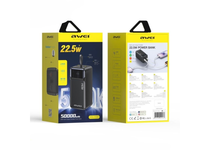 Power Bank AWEI PA-106 50000 mAh, 22.5W, QC 3.0, LED-дисплей
