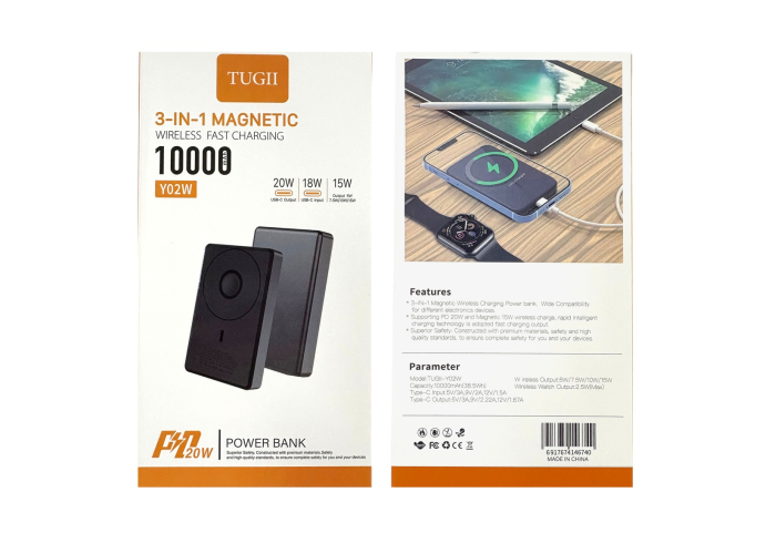 Внешний аккумулятор TUGII Y02W 10000 мА·ч, PD 20 Вт, MagSafe, беспроводная зарядка 3-в-1