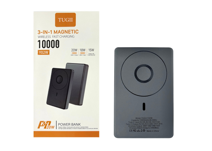 Внешний аккумулятор TUGII Y02W 10000 мА·ч, PD 20 Вт, MagSafe, беспроводная зарядка 3-в-1