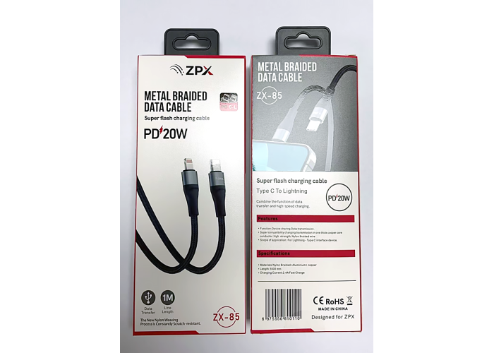 Кабель в оплётке ZPX ZX-85 Type-C – Lightning с поддержкой быстрой зарядки PD 20W