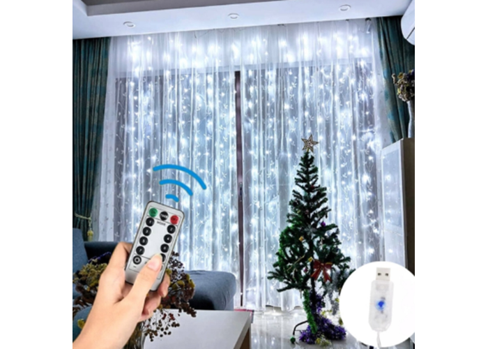 Led гирлянда "Капля росы" Штора. 3*3М, 360Led, USB, с пультом, холодный белый THL-24-46