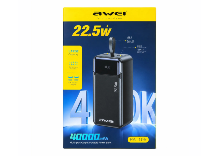 Power Bank AWEI PA-105 40000 mAh, 22.5W, быстрая зарядка, LED-дисплей