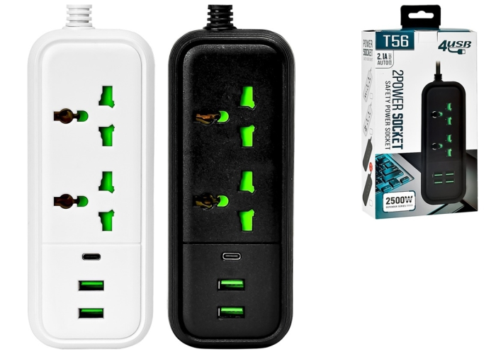 Сетевой фильтр-удлинитель T56 с 2 розетками, 2 USB и 1 Type-C (2 м)