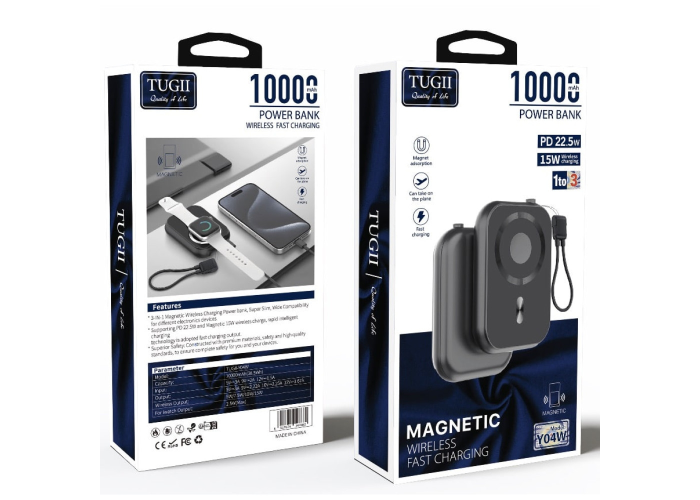 Внешний аккумулятор TUGII Y04W 10000 мА·ч, PD 22,5 Вт, MagSafe, беспроводная зарядка 3-в-1