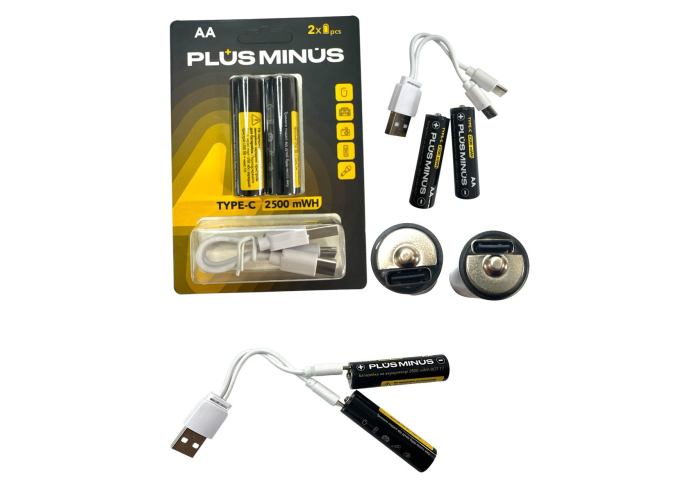 Аккумуляторные батарейки Plus Minus AA 2500 mаh, 2 шт с кабелем Type-C (ВОТ-17/PLUS-17)