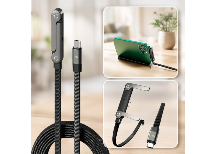 Кабель Type-C 2-в-1, 240 Вт, 6 А, 1,5 м, с подставкой для смартфона
