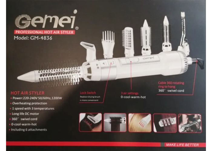 Фен для волос Gemei GM-4836 стайлер с насадками 7в1